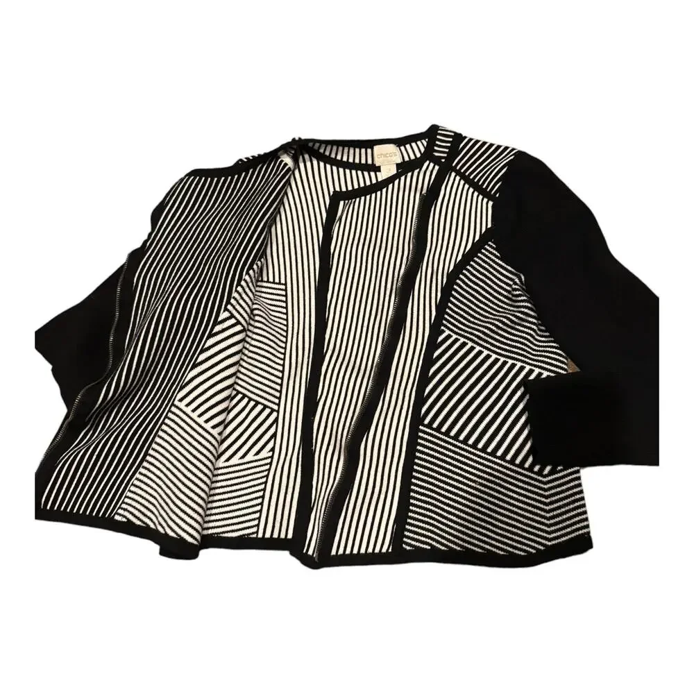 Chico's Natania Black/White Stripe asymmetrical Zip Up Cardigan Sweater size 12